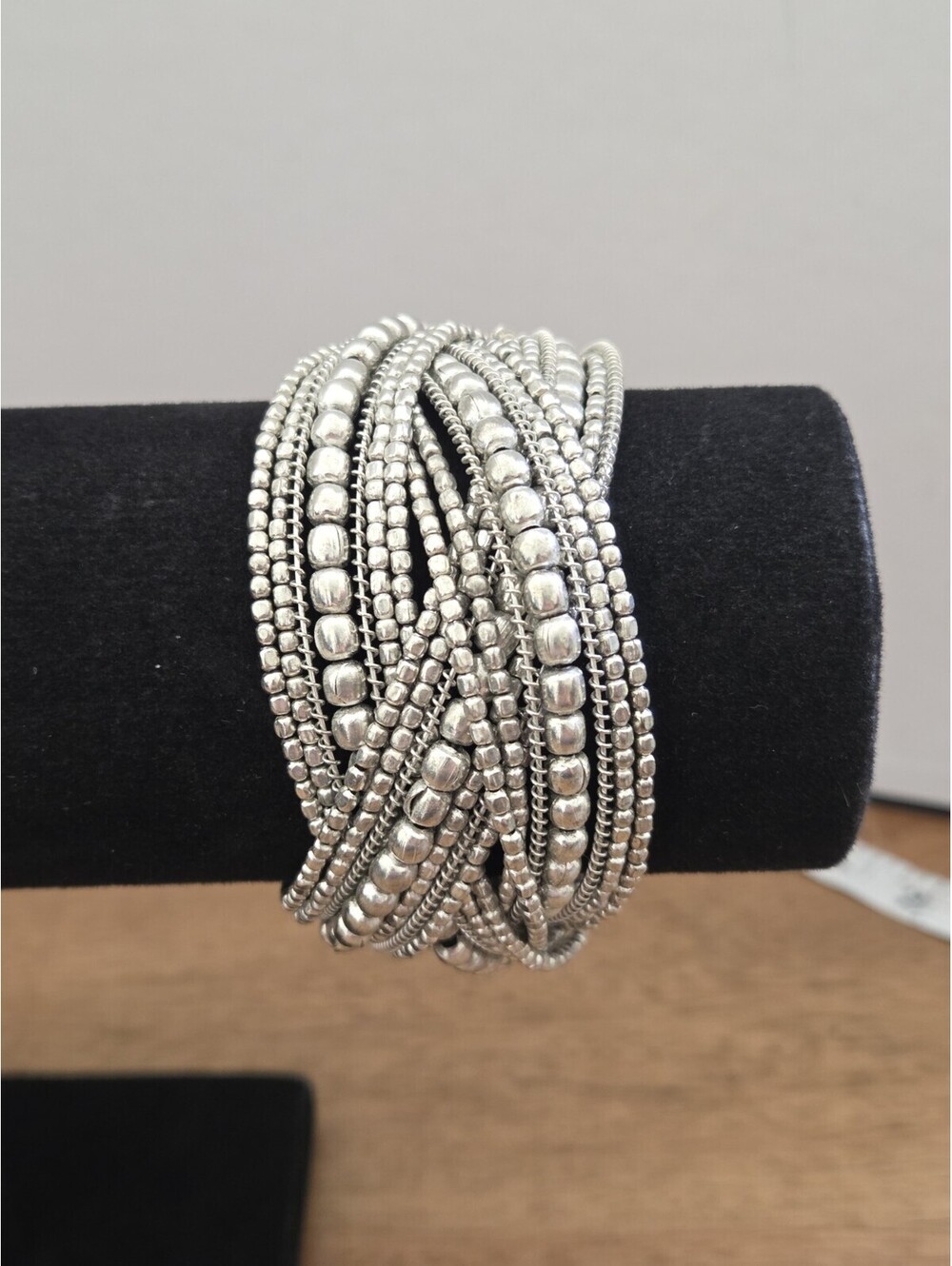 Silver Tone Multi-Strand Seed Bead Cuff Bracelet Wide Statement Hook Clasp Boho